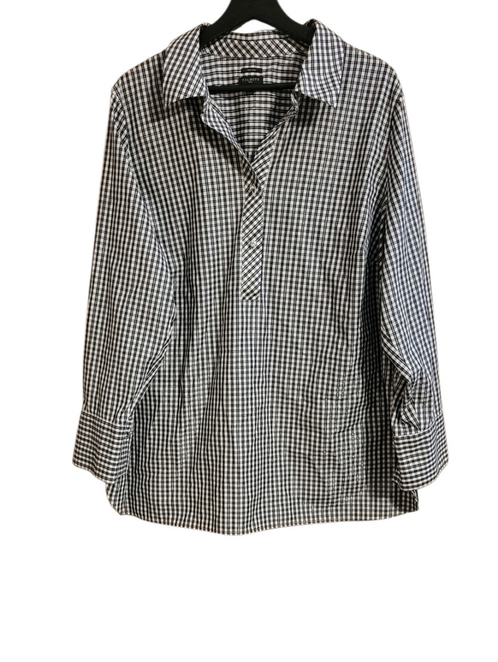 Talbots Plus Non Iron Black Checkered Popover Blouse